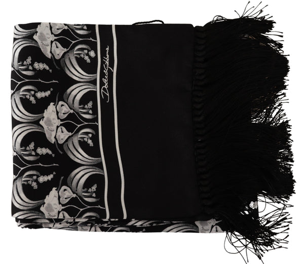Black White Floral Silk Shawl Fringe Scarf