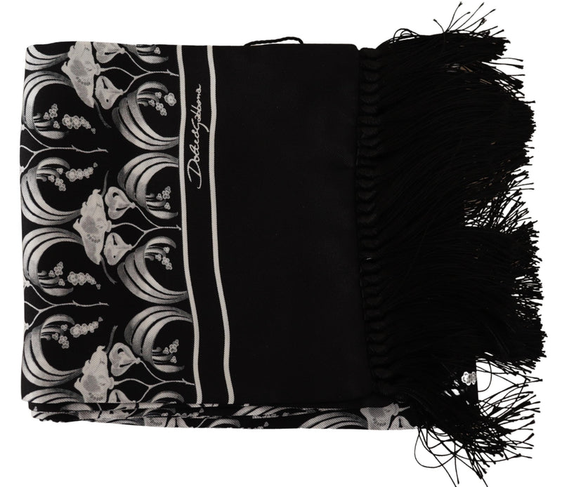 Black White Floral Silk Shawl Fringe Scarf