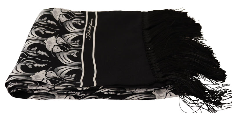Black White Floral Silk Shawl Fringe Scarf