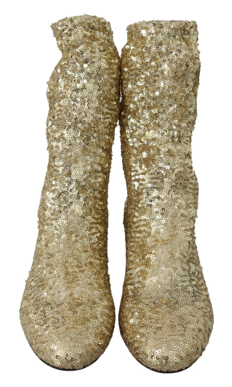 Gold Sequined Stretch Ankle High Boots