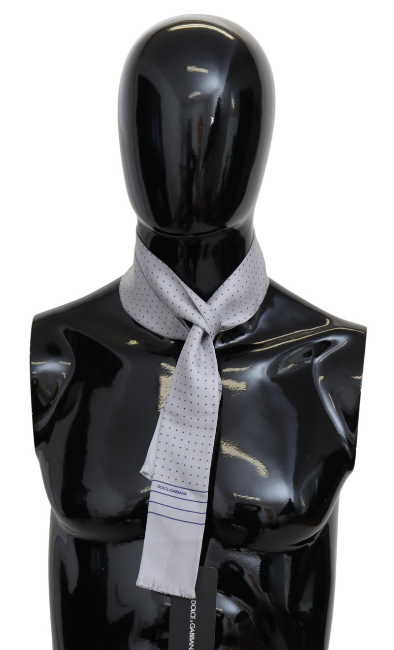 Gray Dotted Skinny Neck Wrap Fringe Silk Scarf