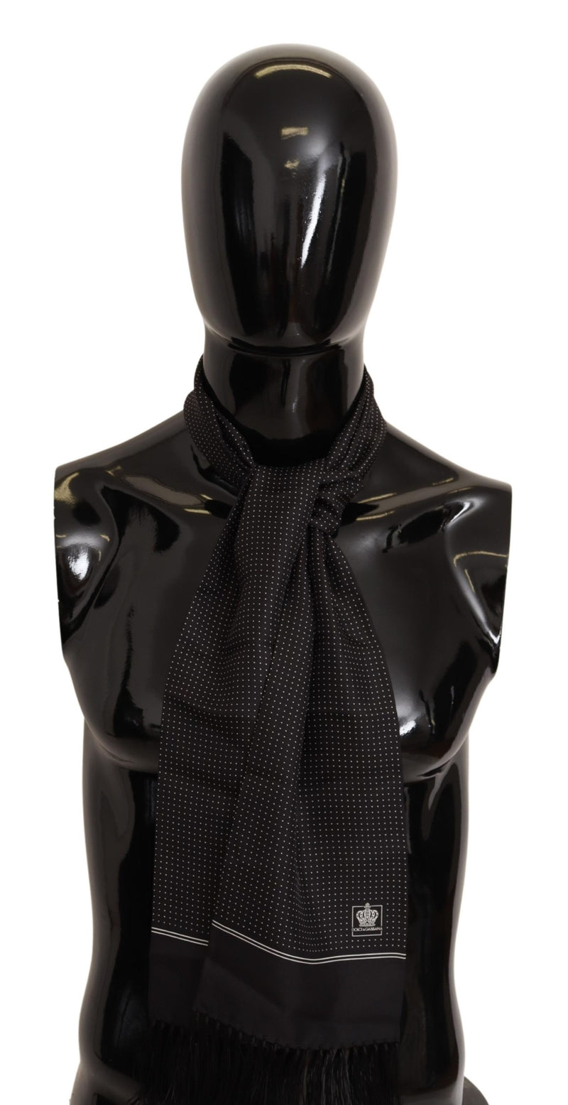 Black Dotted Print Silk Shawl Fringe Scarf