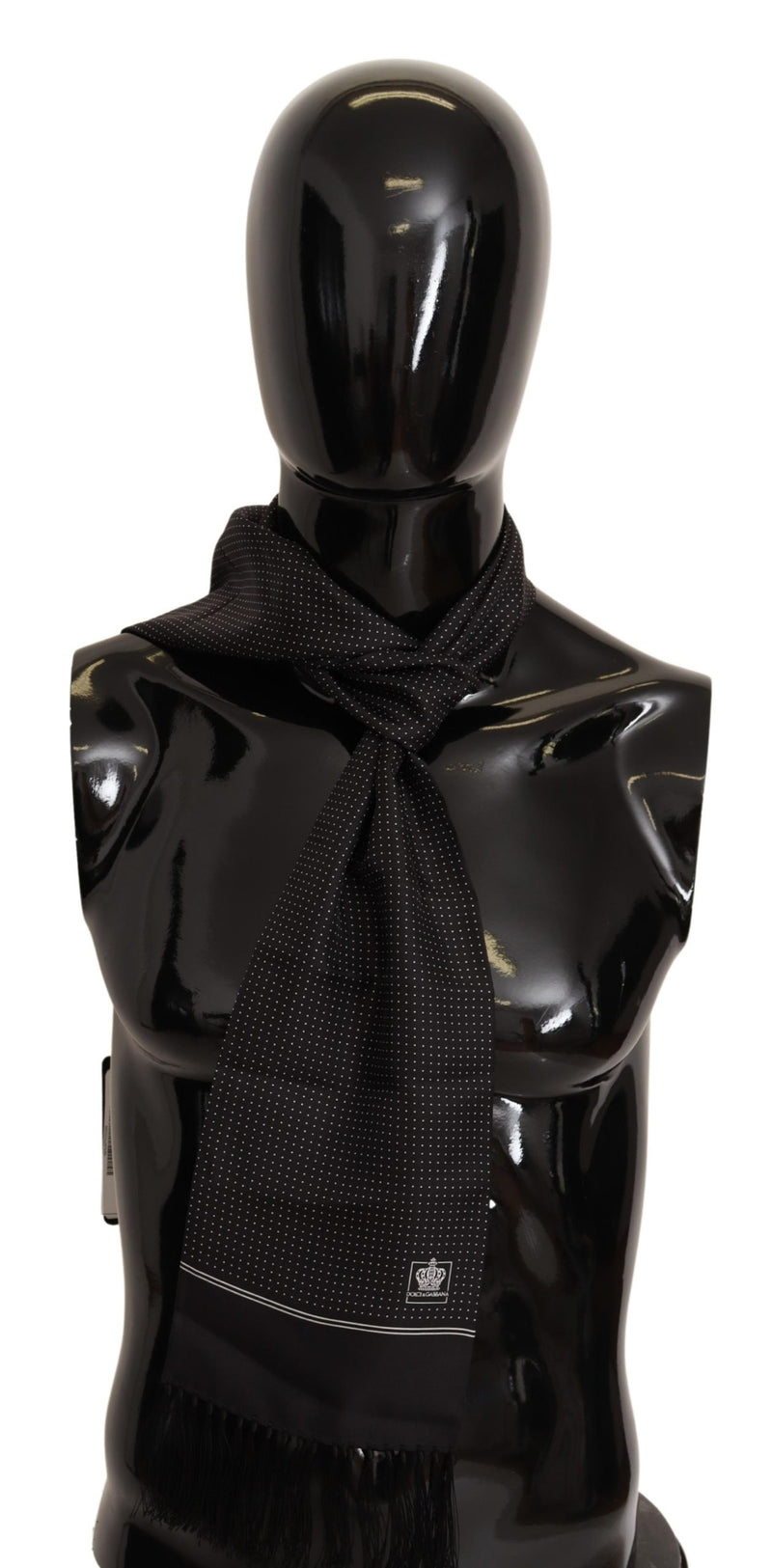 Black Dotted Print Silk Shawl Fringe Scarf