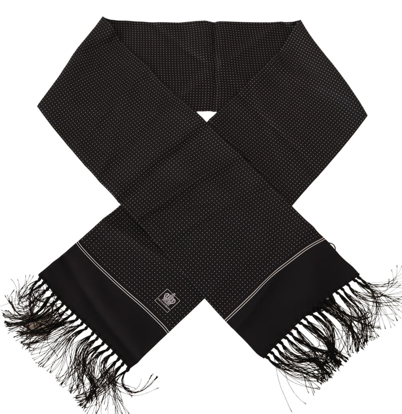 Black Dotted Print Silk Shawl Fringe Scarf