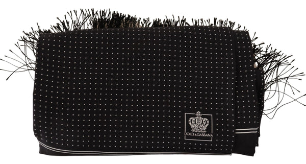 Black Dotted Print Silk Shawl Fringe Scarf