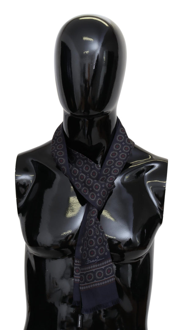 Navy Blue Patterned Silk Fringe Neck Wrap Scarf