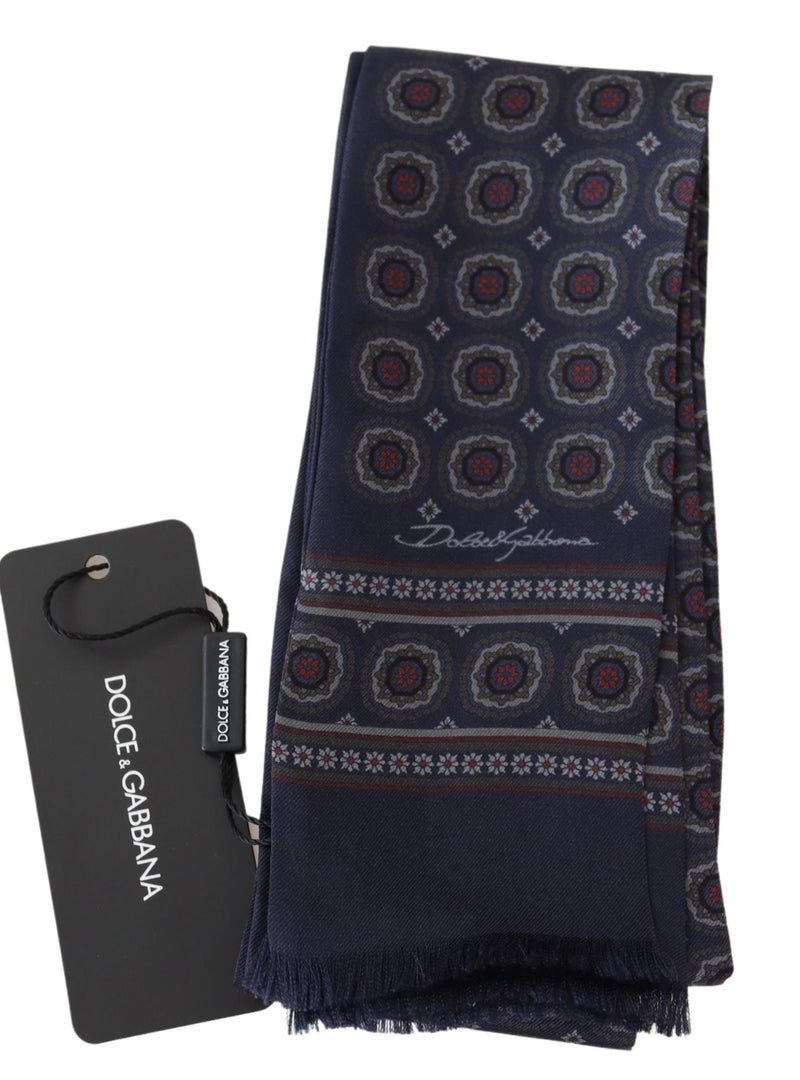 Navy Blue Patterned Silk Fringe Neck Wrap Scarf