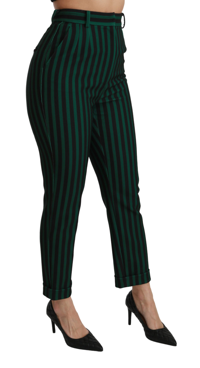 Black Green Striped High Waist Trouser Pants