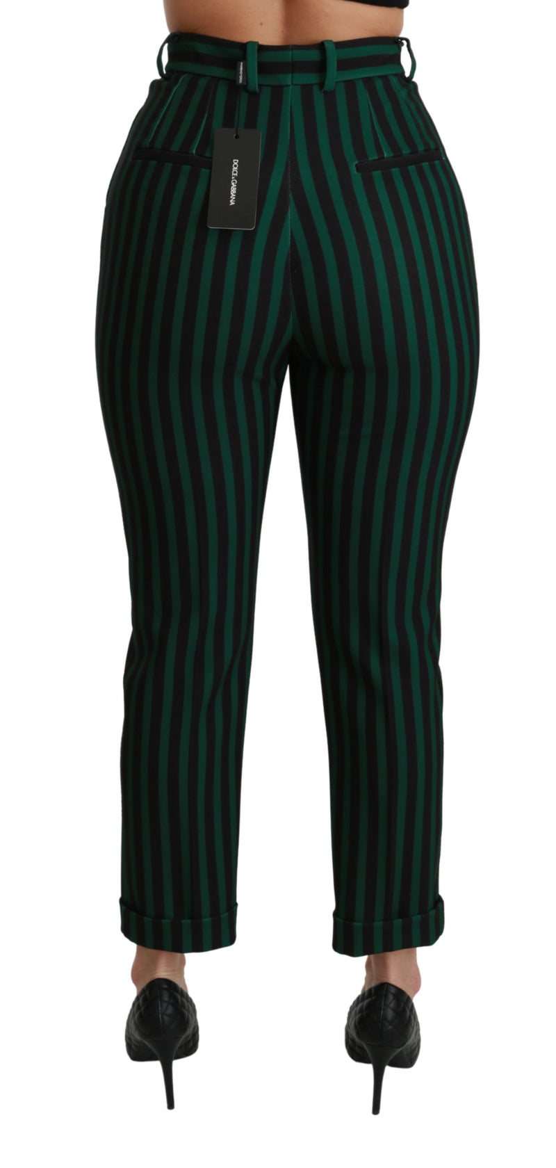 Black Green Striped High Waist Trouser Pants