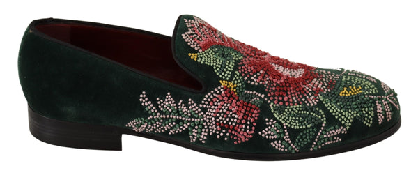 Green Velvet Floral Embroidery Loafers Shoes