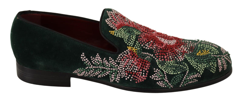 Green Velvet Floral Embroidery Loafers Shoes