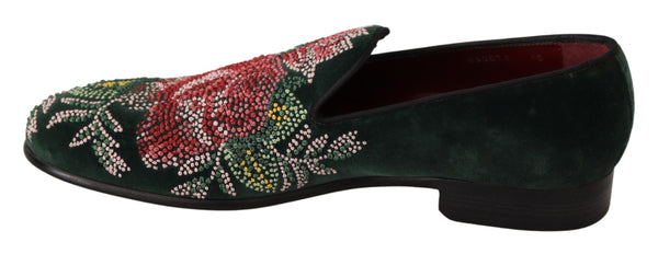 Green Velvet Floral Embroidery Loafers Shoes