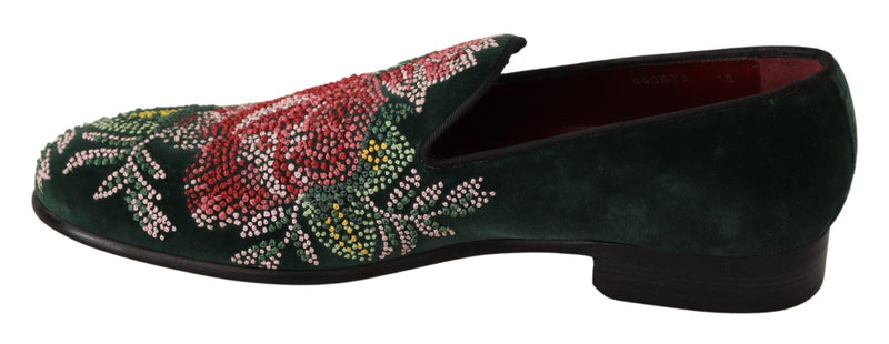 Green Velvet Floral Embroidery Loafers Shoes