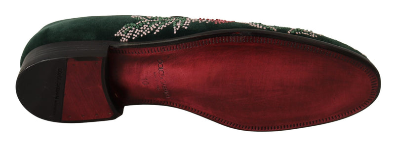 Green Velvet Floral Embroidery Loafers Shoes