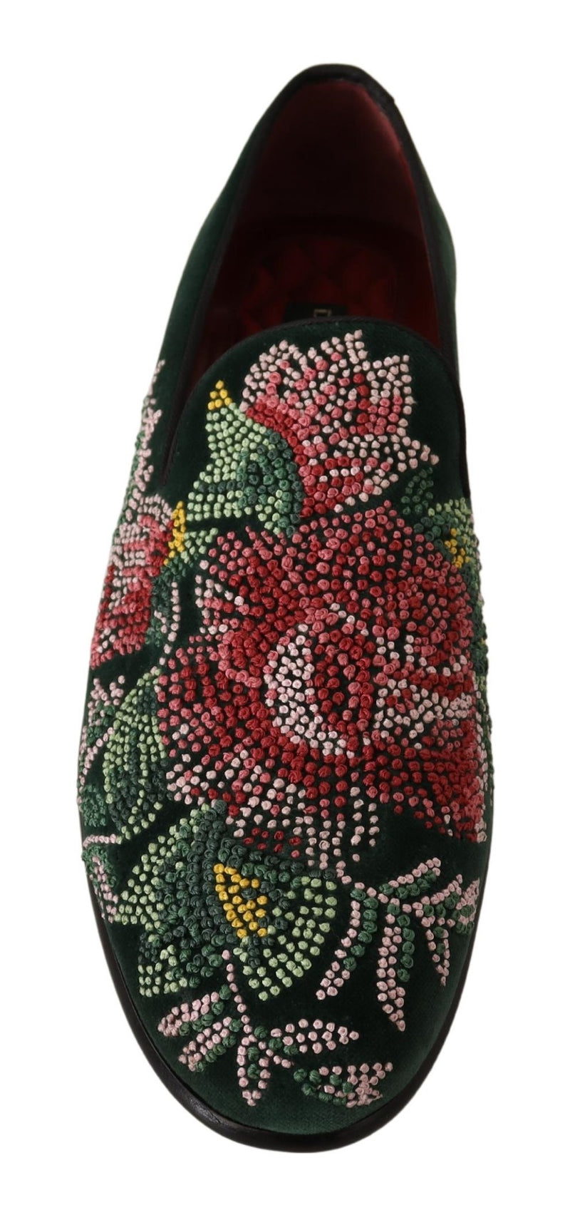 Green Velvet Floral Embroidery Loafers Shoes