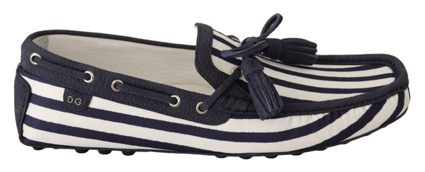 Blue White Striped Denim Leather Loafer Shoes