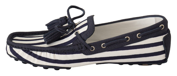 Blue White Striped Denim Leather Loafer Shoes