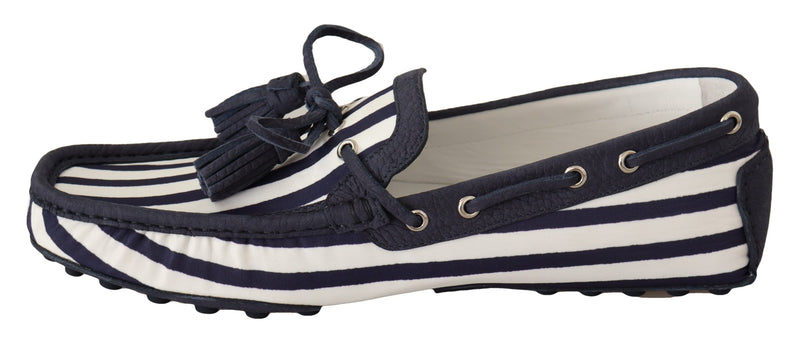 Blue White Striped Denim Leather Loafer Shoes