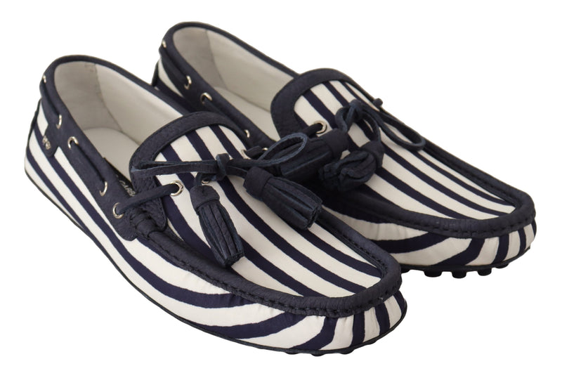 Blue White Striped Denim Leather Loafer Shoes