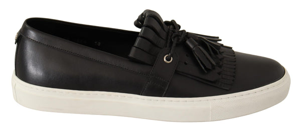 Black Leather Tassel Slip On Loafers Shoes