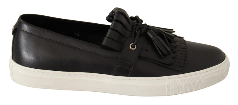 Black Leather Tassel Slip On Loafers Shoes