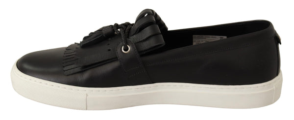Black Leather Tassel Slip On Loafers Shoes