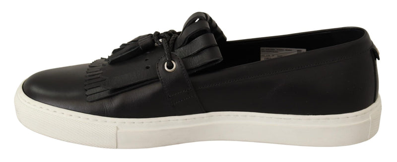 Black Leather Tassel Slip On Loafers Shoes