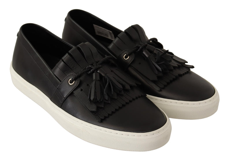 Black Leather Tassel Slip On Loafers Shoes