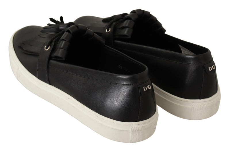 Black Leather Tassel Slip On Loafers Shoes