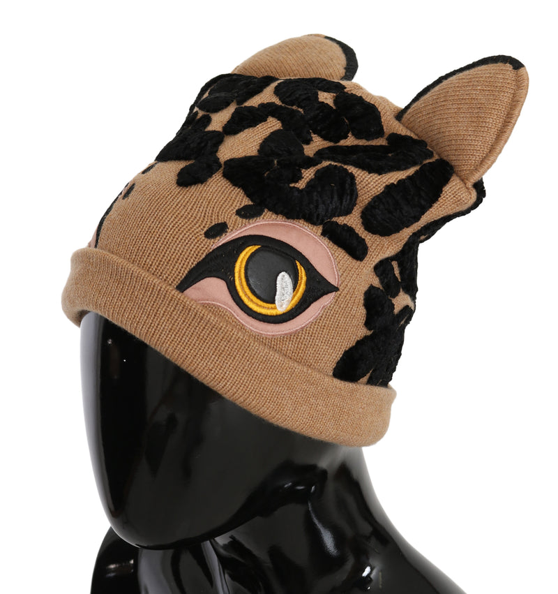 Brown Cashmere Knitted Animal Design Beanie Hat