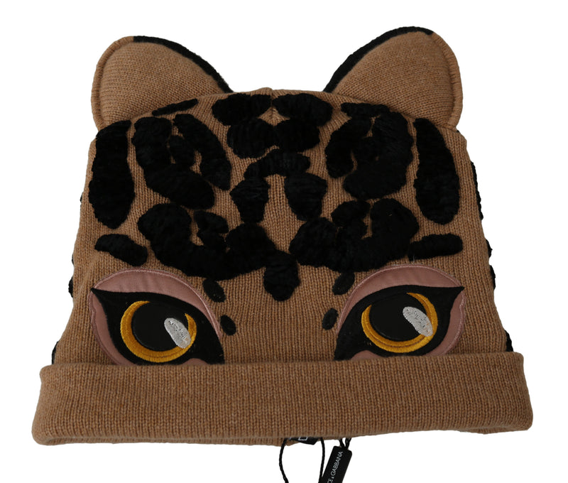 Brown Cashmere Knitted Animal Design Beanie Hat