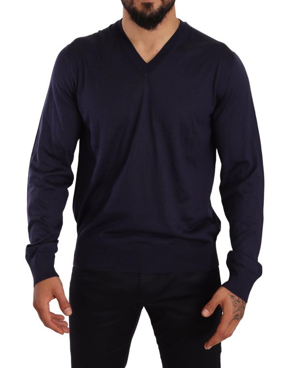 Dark Blue Silk Vneck Long Sleeves Tee Sweater