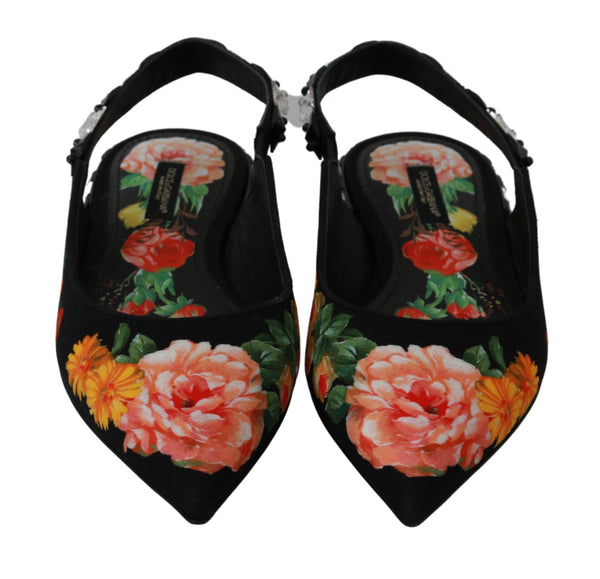 Black Floral Crystal Slingbacks Sandals Shoes
