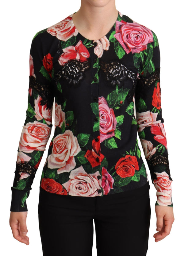 Black Floral Print Silk Blend Cardigan Sweater