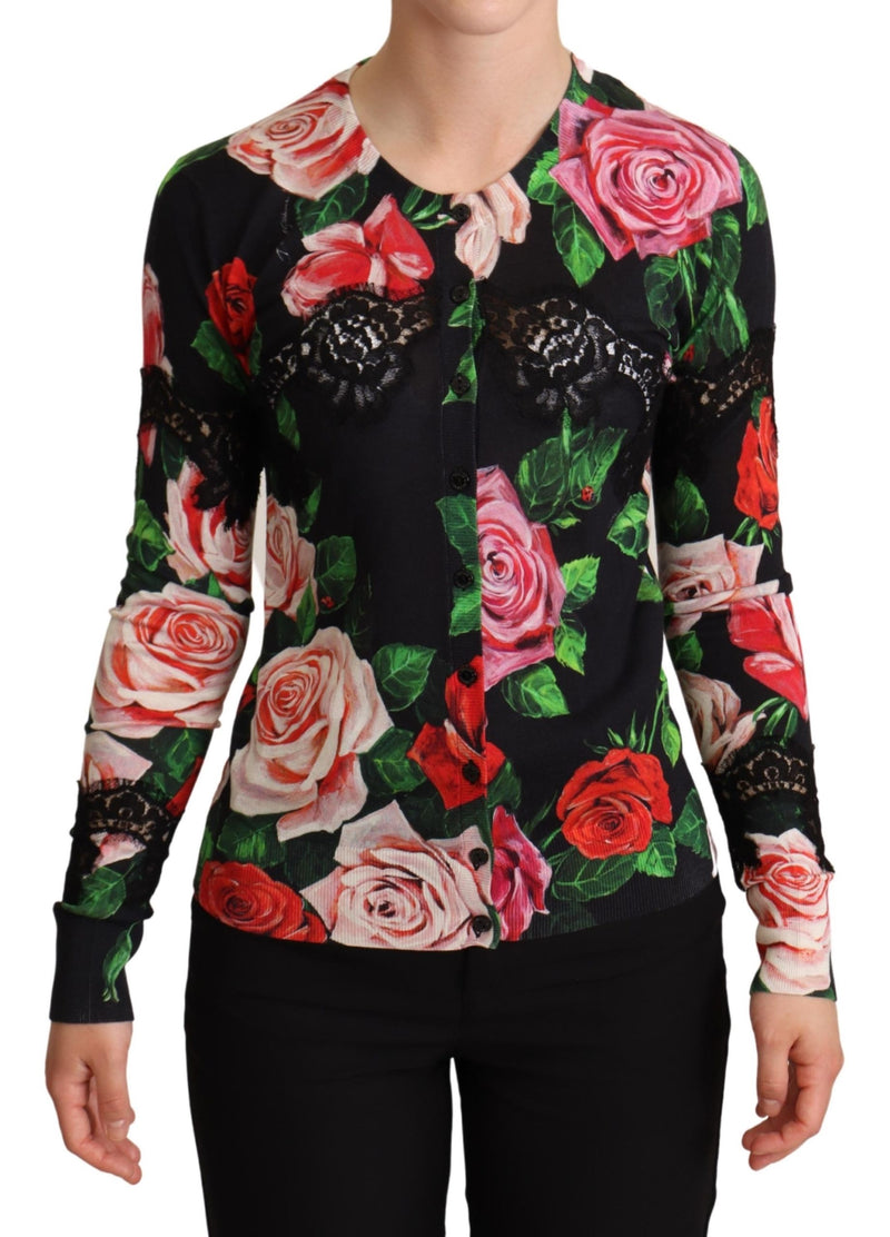 Black Floral Print Silk Blend Cardigan Sweater