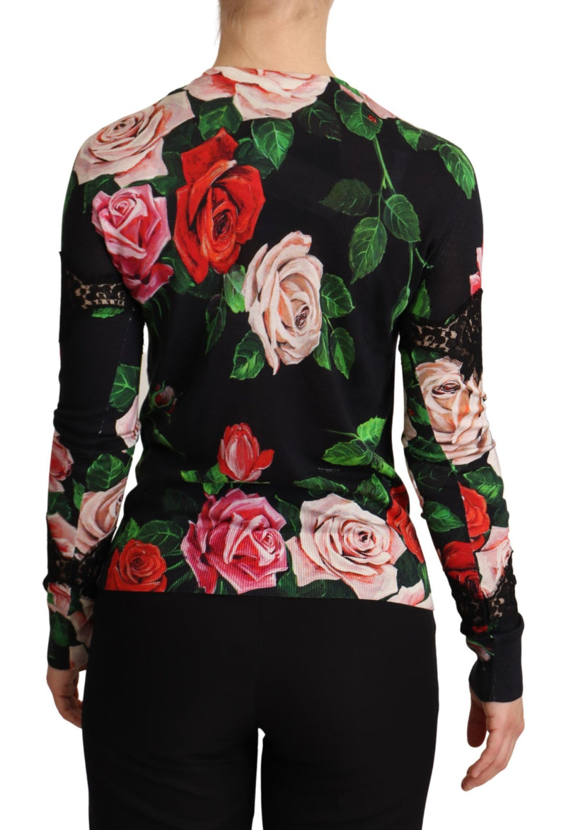 Black Floral Print Silk Blend Cardigan Sweater