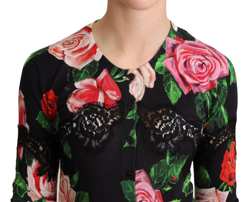 Black Floral Print Silk Blend Cardigan Sweater