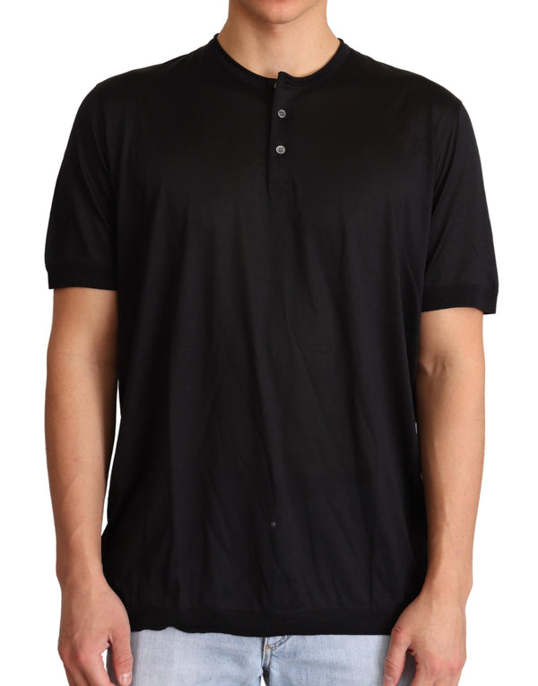 Black Silk Henley Crewneck Top T-shirt