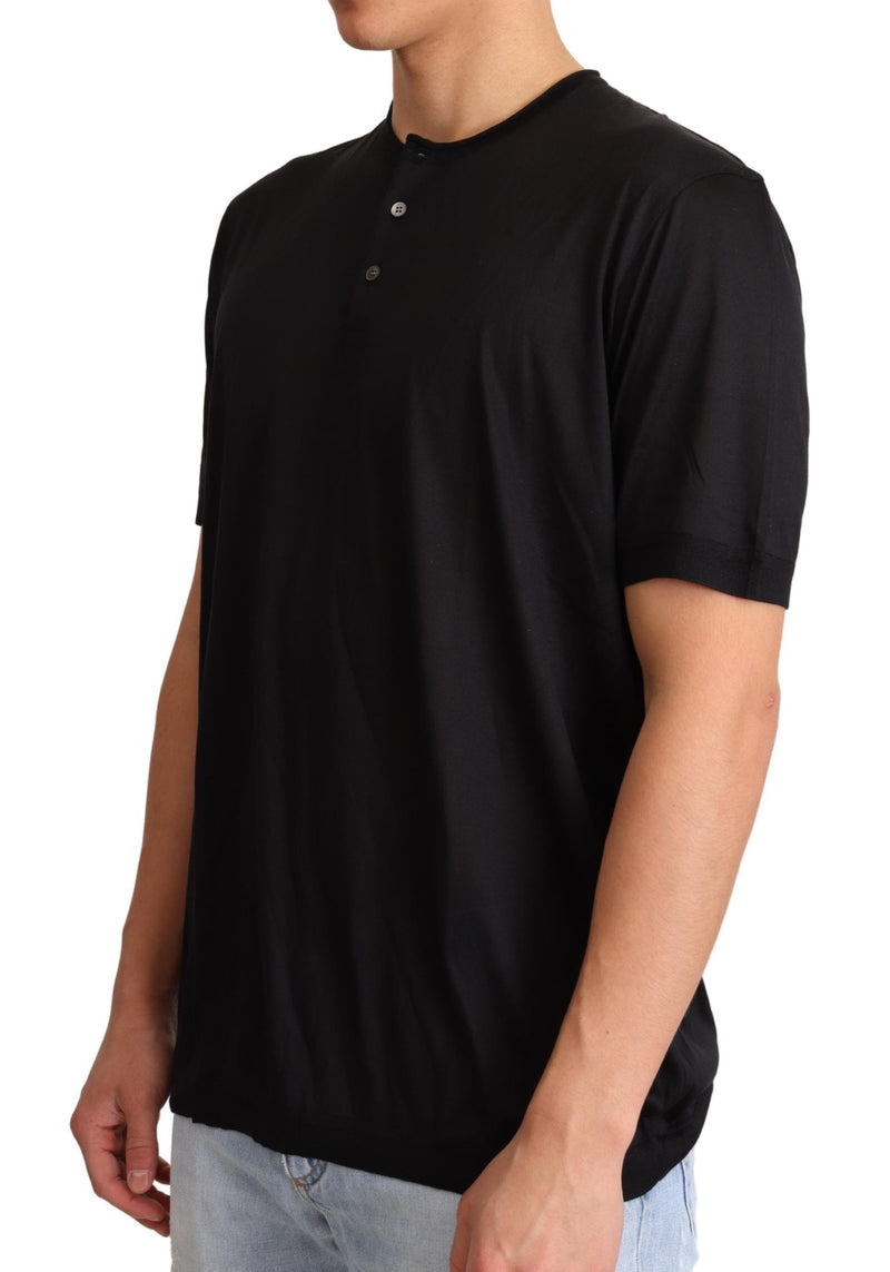 Black Silk Henley Crewneck Top T-shirt