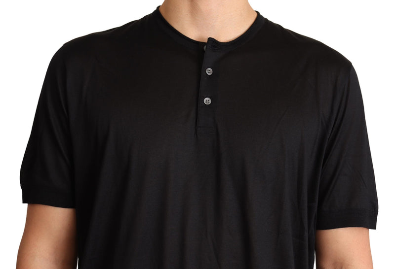 Black Silk Henley Crewneck Top T-shirt