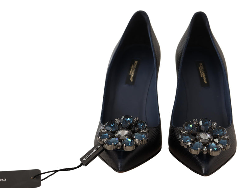 Blue Leather Crystal Heels Pumps Shoes