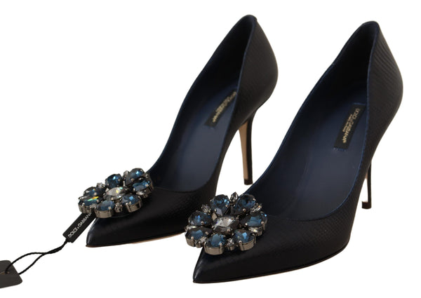 Blue Leather Crystal Heels Pumps Shoes