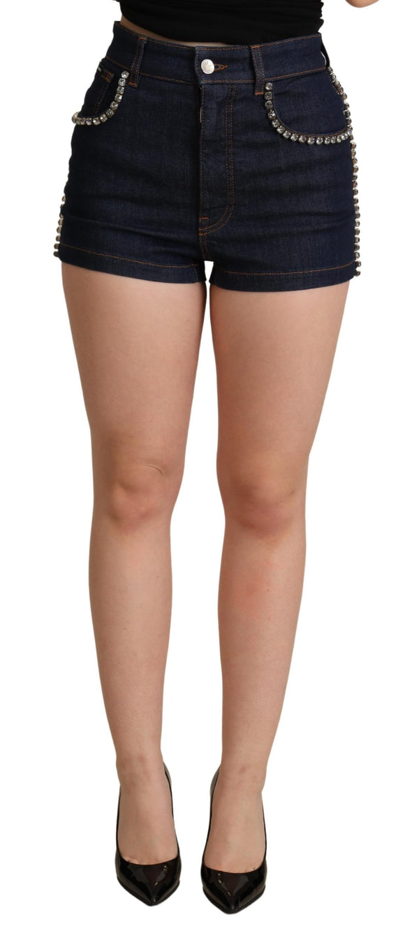 Dark Blue Cotton Stretch Crystal Denim Shorts