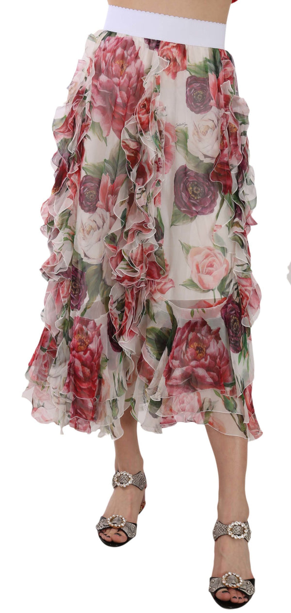 Multicolor Roses Silk Ruffle High Waist Skirt