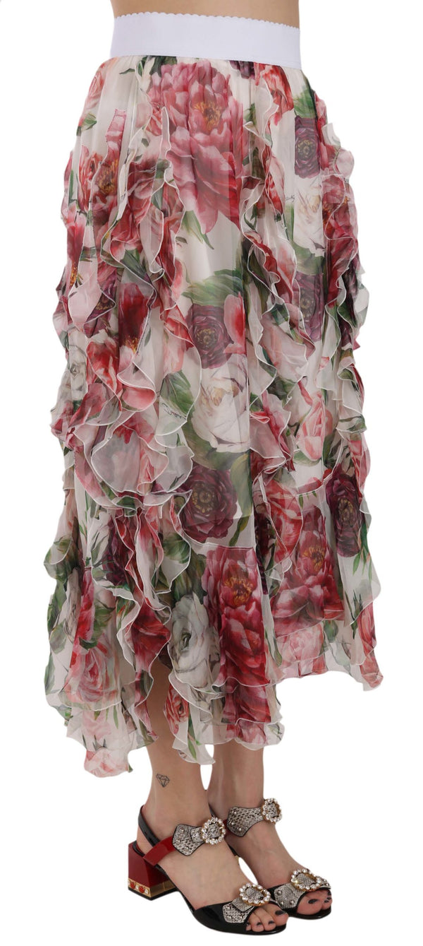 Multicolor Roses Silk Ruffle High Waist Skirt