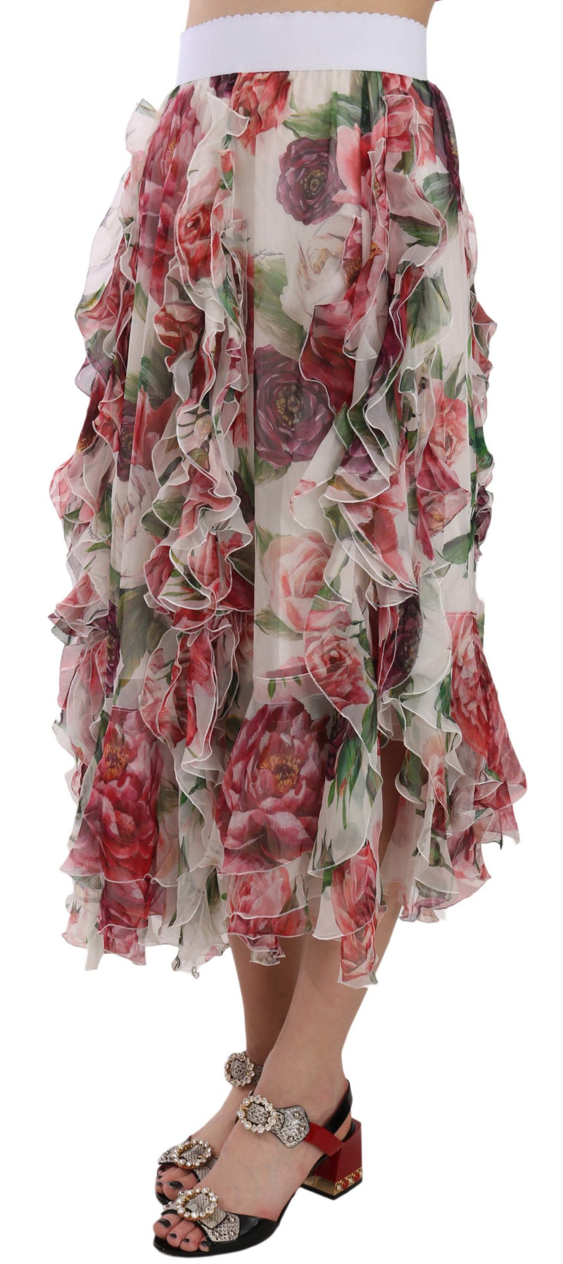 Multicolor Roses Silk Ruffle High Waist Skirt