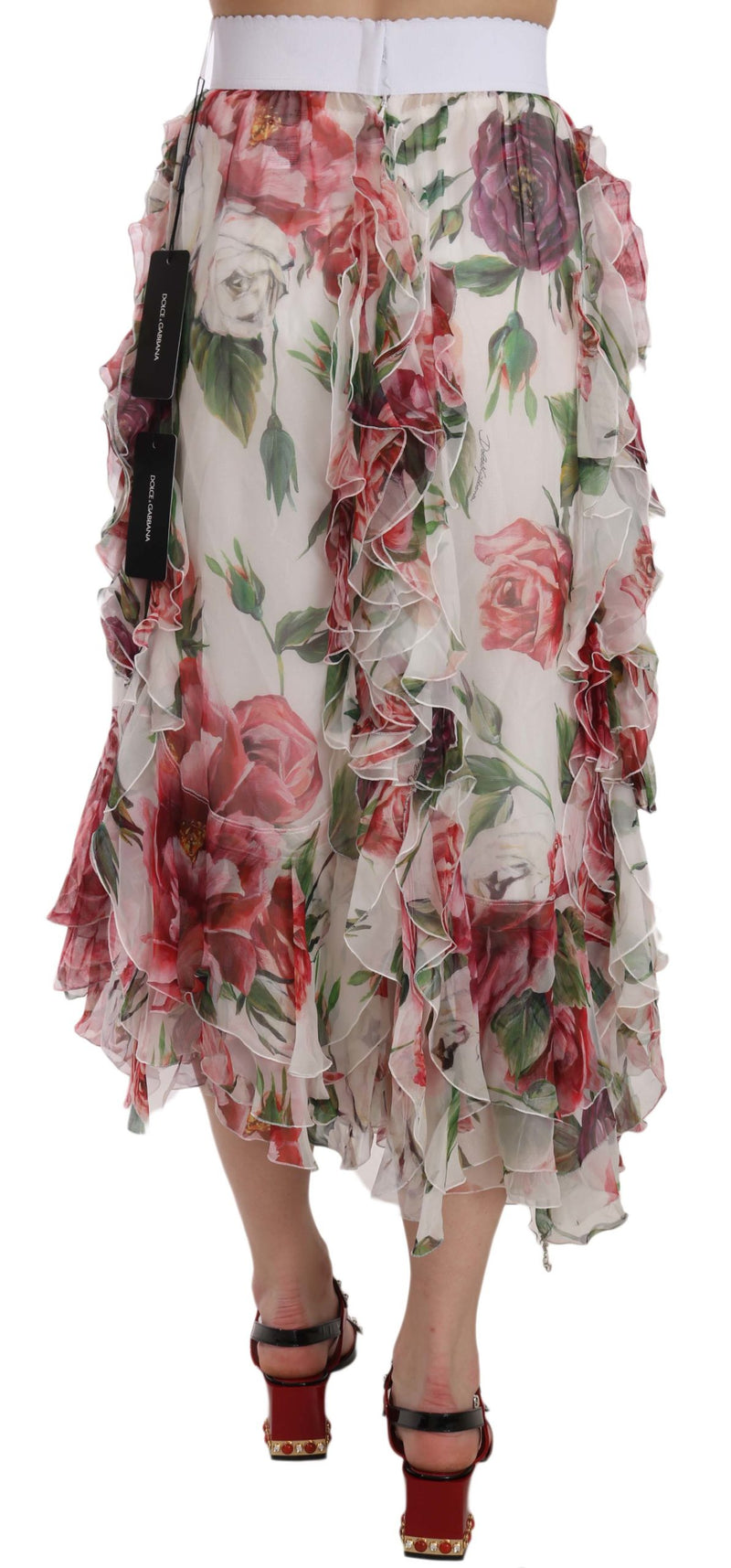 Multicolor Roses Silk Ruffle High Waist Skirt