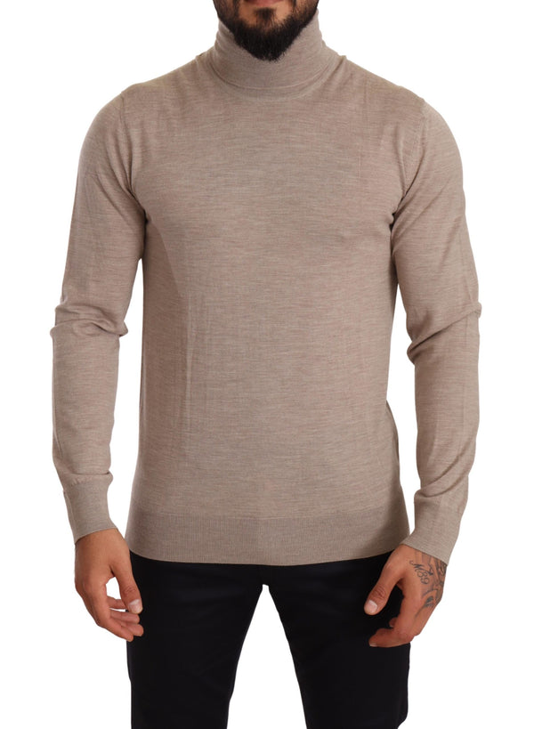 Beige Virgin Wool Turtleneck Pullover Sweater