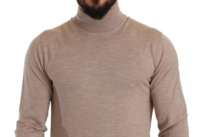 Beige Virgin Wool Turtleneck Pullover Sweater