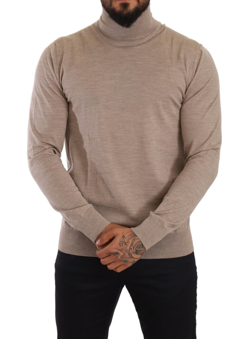 Beige Virgin Wool Turtleneck Pullover Sweater